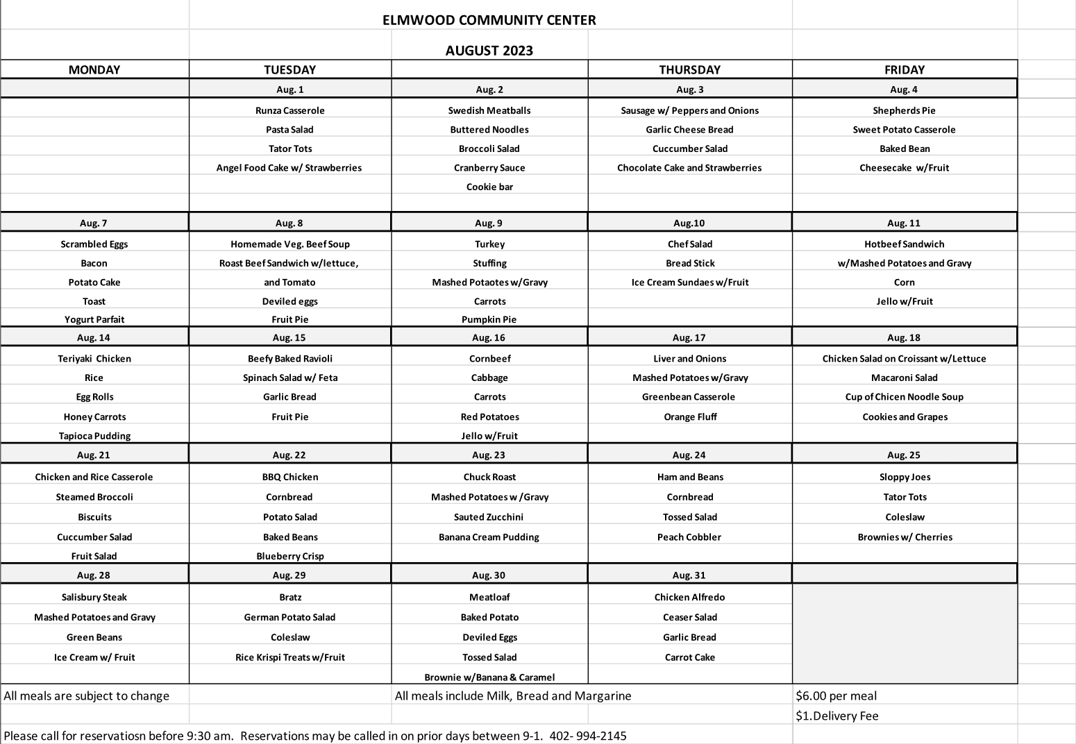 Elmwood Community Center Menu 82023