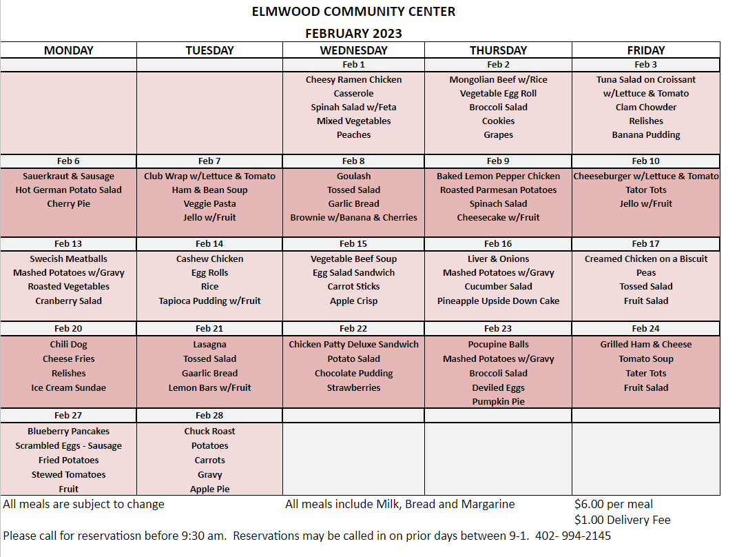 Elmwood COmmunity Center menu 02 2023