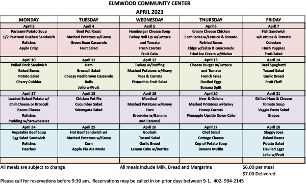 Elmwood Community Center Menu April