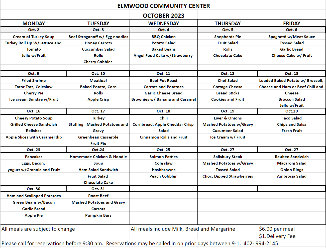 Elmwood Community Center Menu 1023