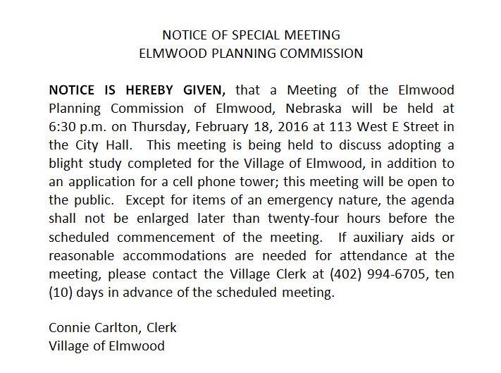Notice of Planning Commission Special Meeting 2016.02.18