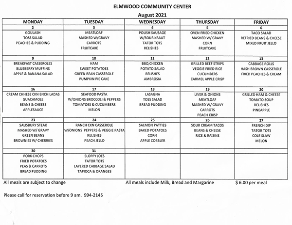 Elmwood Community Center menu AugustSM