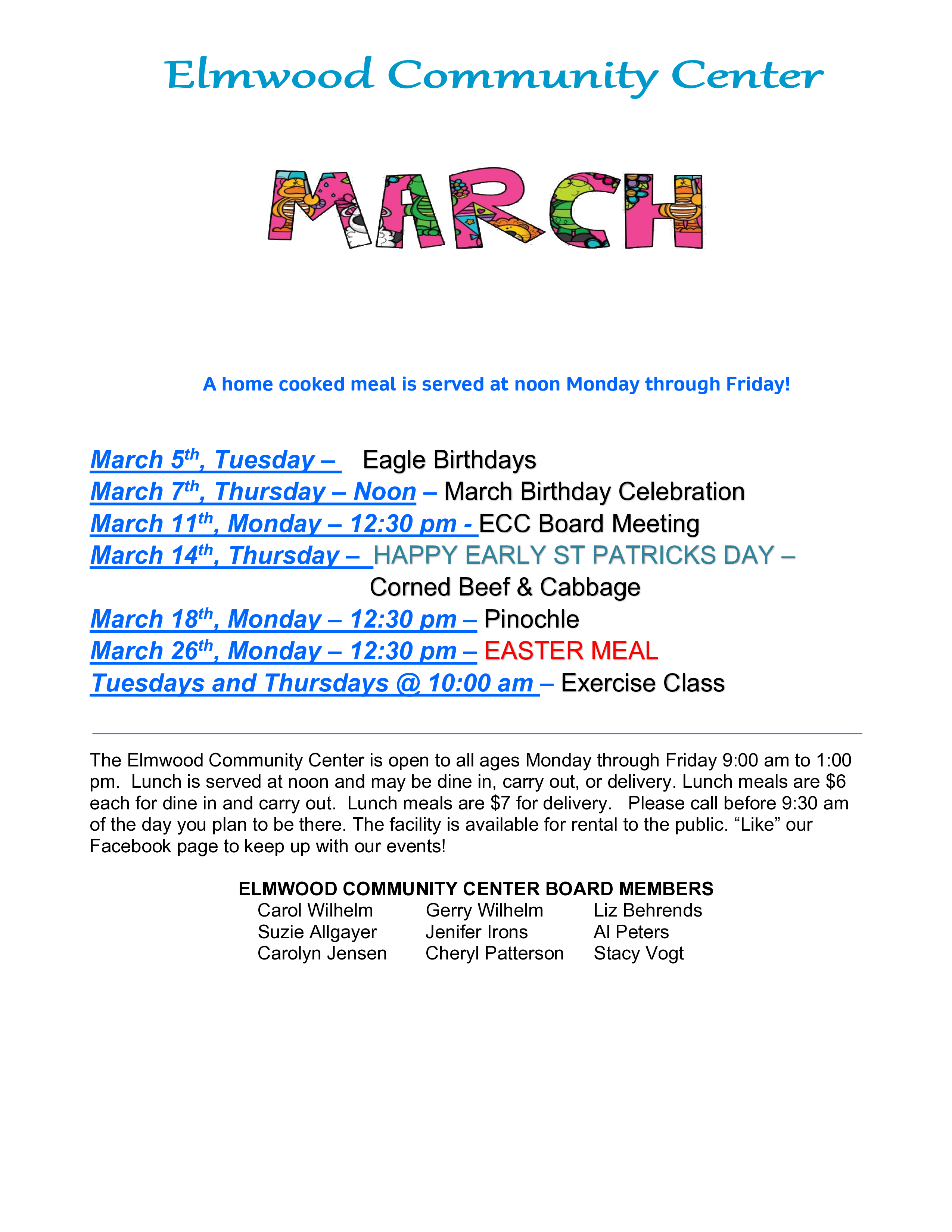 ECC March Schedule of events