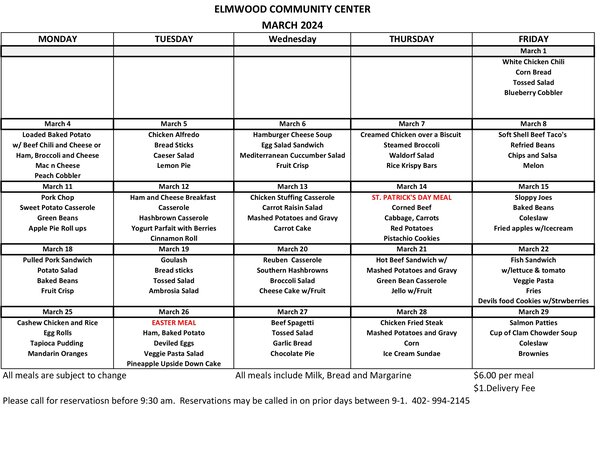 Elmwood Community Center Menu March
