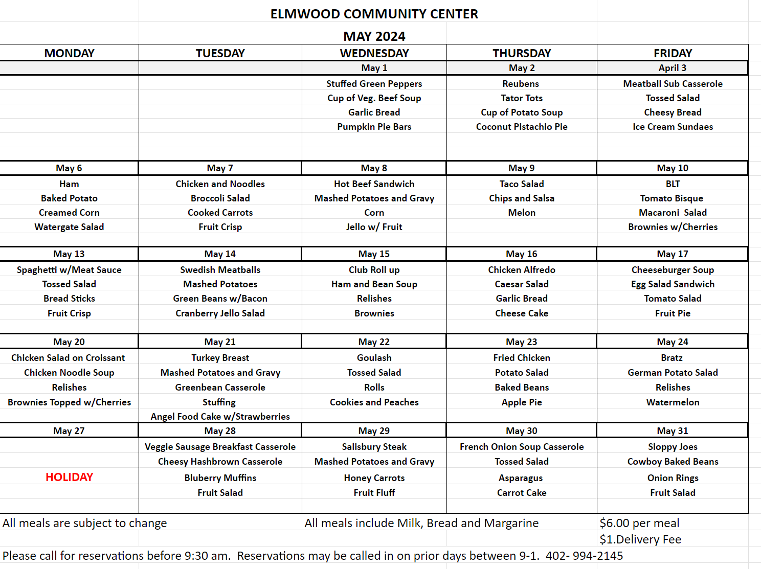 Community Center May 2024 menu 