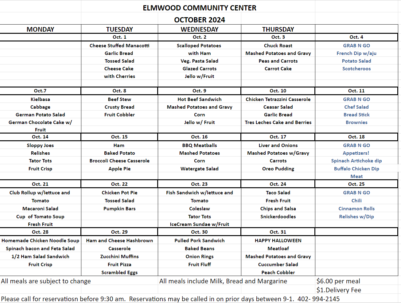 Community Center menu 102024
